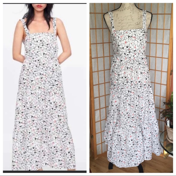 Zara Dresses | Zara Floral Tiered Sundress White Black Red Small | Poshmark